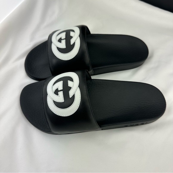 Gucci Men’s Black Slides with White Interlocking GG NEW IN BOX - Picture 6 of 10